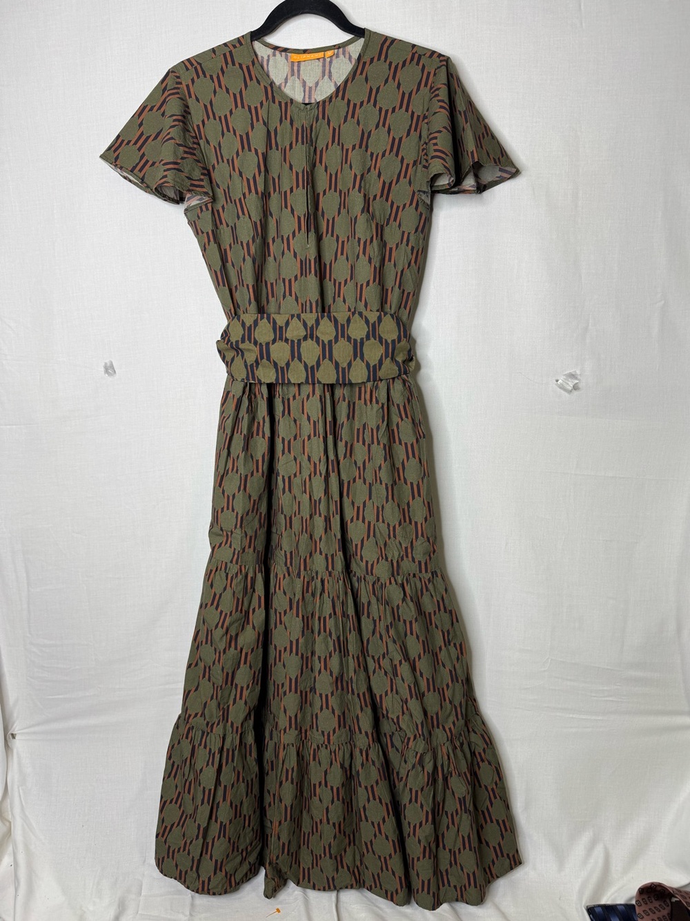 Oliphant‎ Womens Tiered Maxi Dress Sz M Stripe Geometric Flutter Sleeve
